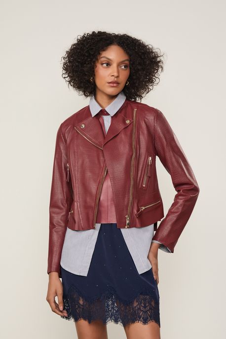 Jaqueta De Couro Motor Furadinha Vermelho Nautico - 36