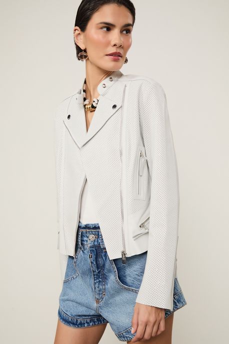 Jaqueta De Couro Motor Furadinha Branco Branco - 40