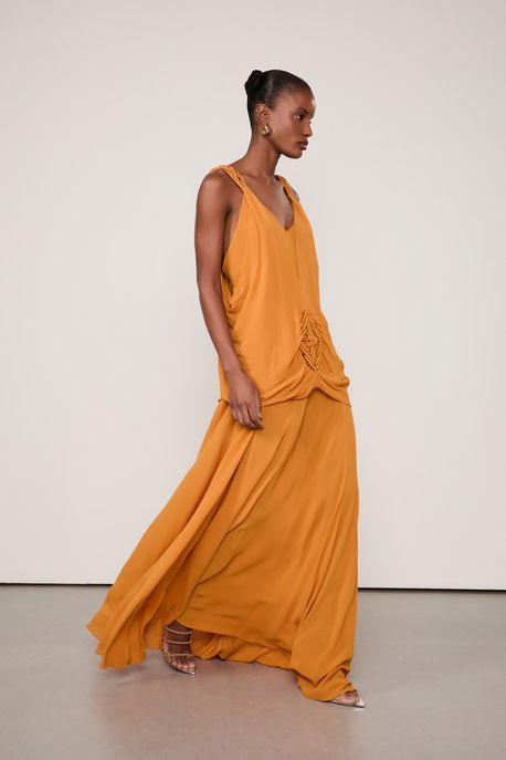 Vestido De Georgette Leve Longo Laranja Brick Com Sobreposição e Macramê Laranja Brick - 40
