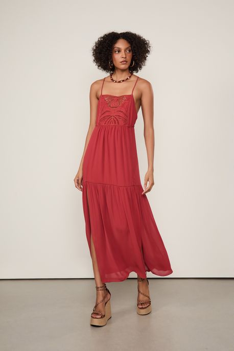 Vestido De Georgette Pesado Midi Nautico Com Pala De Renda Vermelho Nautico - 38