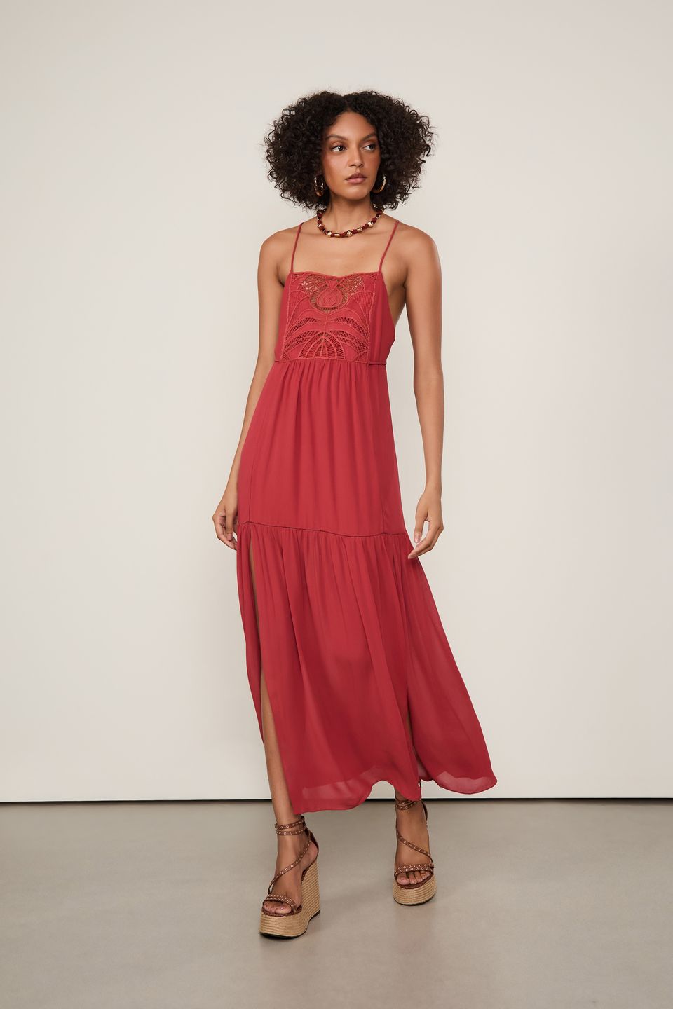 Vestido de Georgette Pesado Midi Nautico com Pala de Renda
