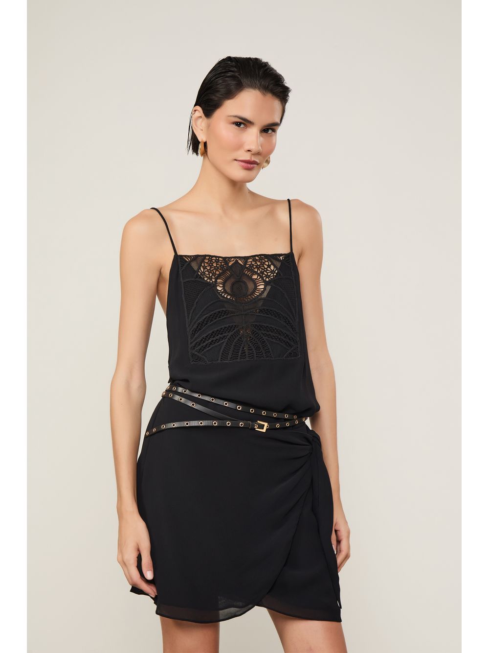Animale — Vestido De Georgette Pesado Mini Pareô Com Pala De Renda