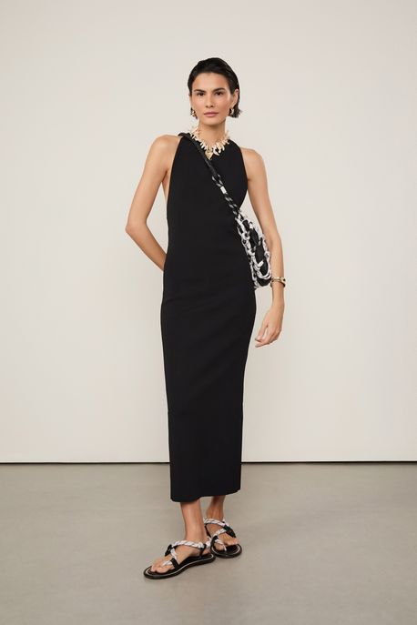 Vestido De Tricot Midi Preto Com Fenda e Decote Cavado Costas Preto - P