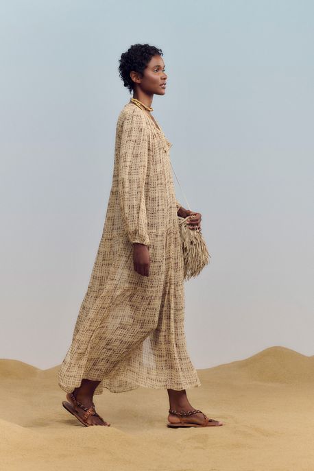 Vestido De Georgette Midi Com Camadas Estampado Est Textura Trama Cacau e Safari - 34