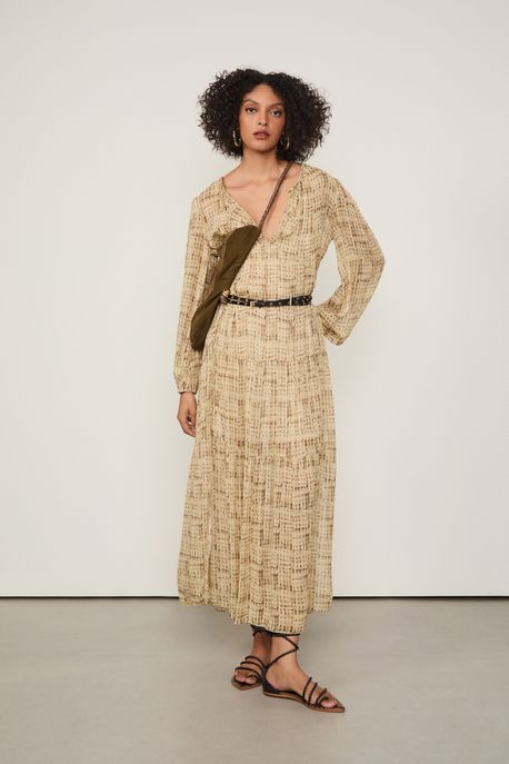 Vestido De Georgette Midi Com Camadas Estampado Est Textura Trama Cacau e Safari - 36