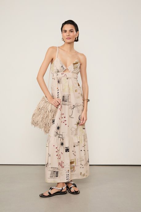 Vestido De Algodão Midi De Alcinha Busto Franzido Estampado Est Fig Sketch Color - 42