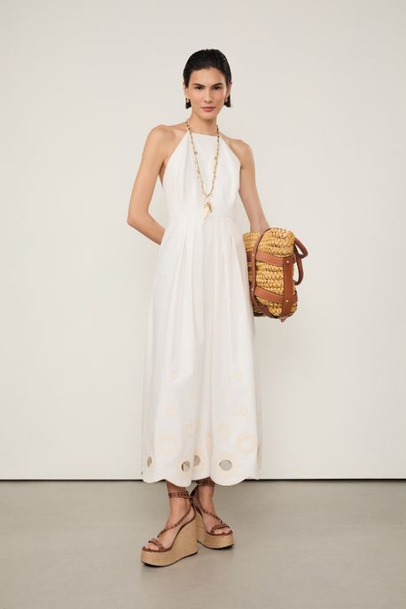 Vestido De Algodão Midi Frente Única Com Bordado Na Barra Off White - 42