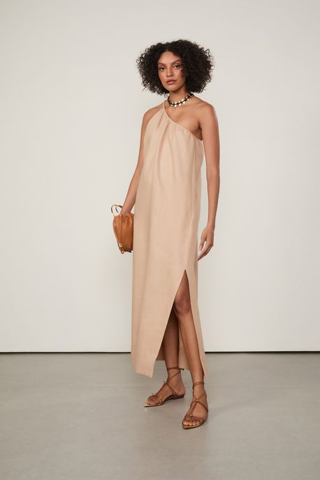 Vestido De Linho Midi Reto Um Ombro Só Natural Natural - 36