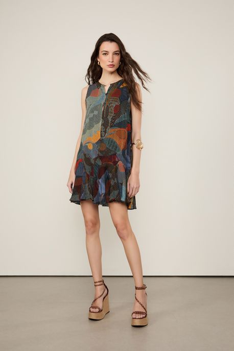 Vestido De Georgette Leve Curto Sem Manga Estampado Est Folhagem Isla Color - 42
