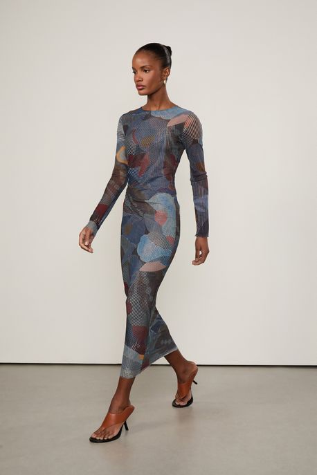 Vestido De Tule Midi Folhagem Manga Longa Folhagem Isla Color - G