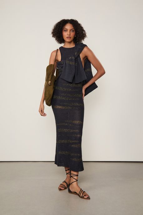 Vestido De Tricot Midi e Detalhe Dourado Com Shortinho Combinação Azul Ancora - M