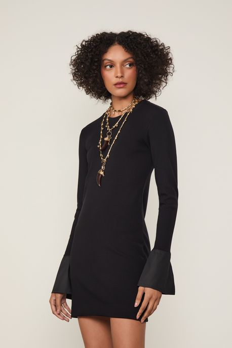 Vestido De Malha Curto Manga Longa Preto - G