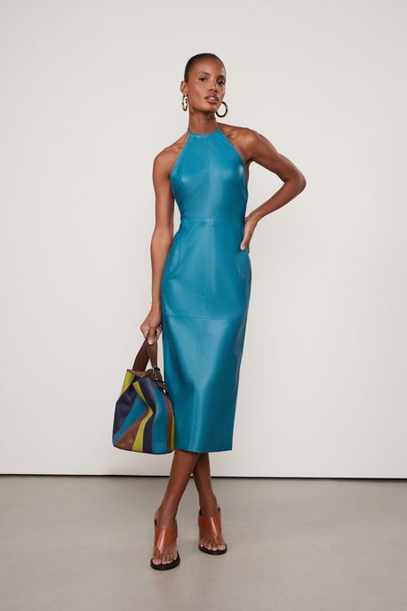 Vestido De Couro Midi Frente Única Azul Oceano - 42