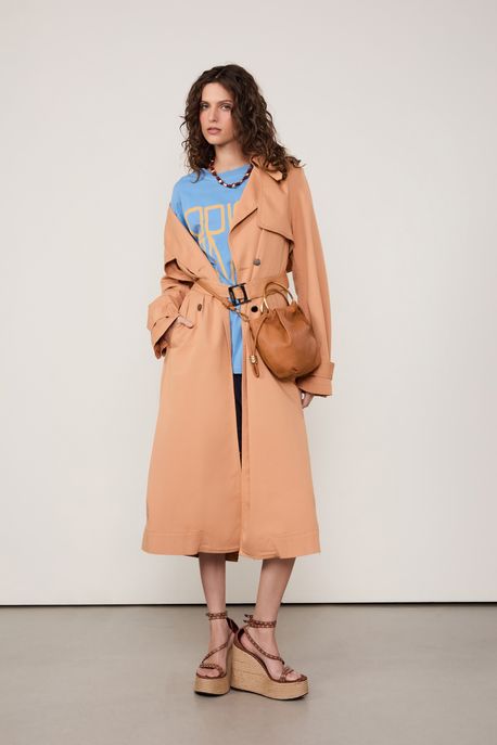 Casaco Trench Coat De Sarja Estonado Marrom Tan - G
