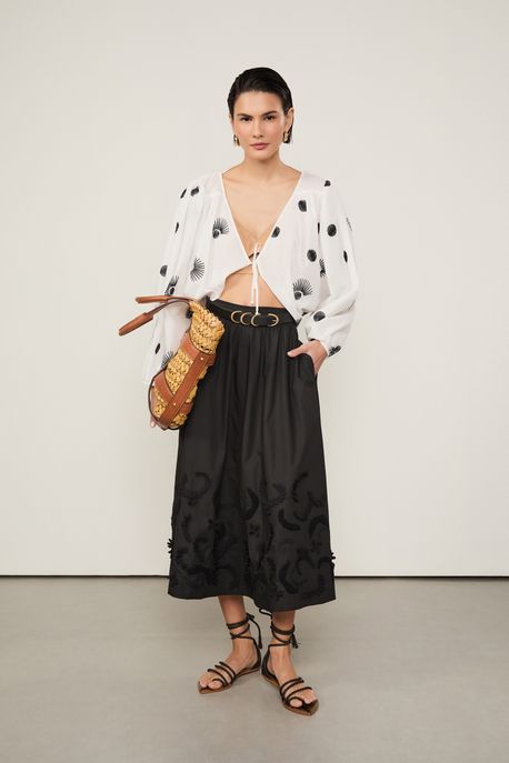 Saia De Algodão Midi Ampla Com Bordado Na Barra Preto - M