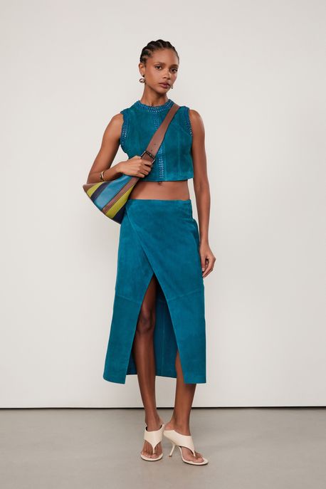 Saia De Chamois Midi Pesponto Duplo Azul Oceano - 42