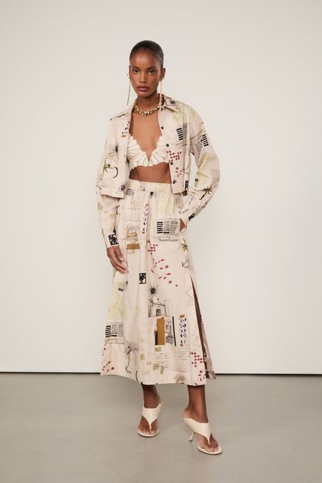 Saia De Algodão Midi Reta Com Cós De Elástico e Fendas Nas Laterais Estampada Est Fig Sketch Color - 38