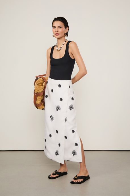 Saia De Algodão Pareô Reta Com Bordados Off White - G