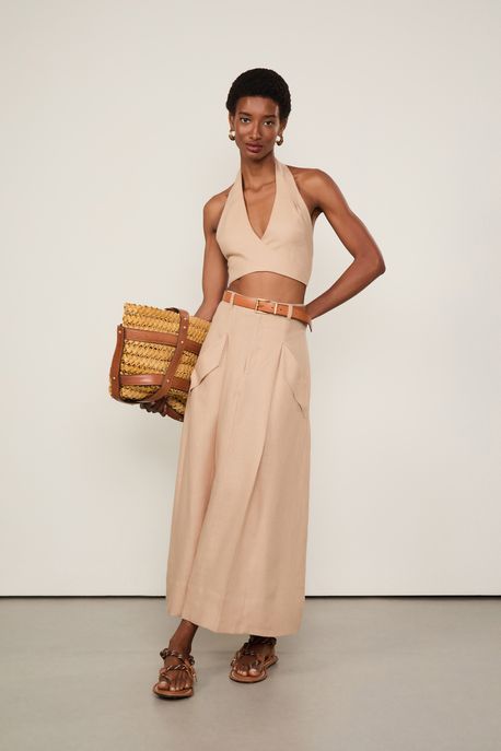 Saia De Linho Midi Ampla Com Bolsos e Cinto Natural Natural - 44