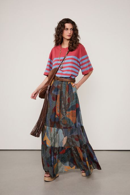 Saia De Georgette Leve Longa Estampada Est Folhagem Isla Color - 36