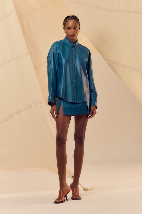 Saia De Couro Curta Fenda Frontal Azul Oceano - 34