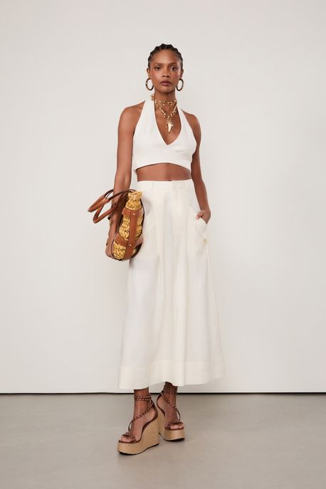 Saia De Linho Midi Ampla Com Bolsos e Cinto Off White Off White - 42