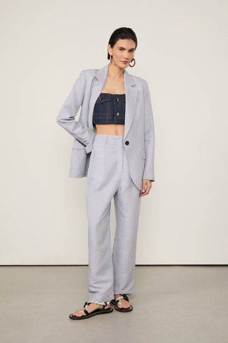 Calça De Linho Listras Azul Claro / Branco - 40