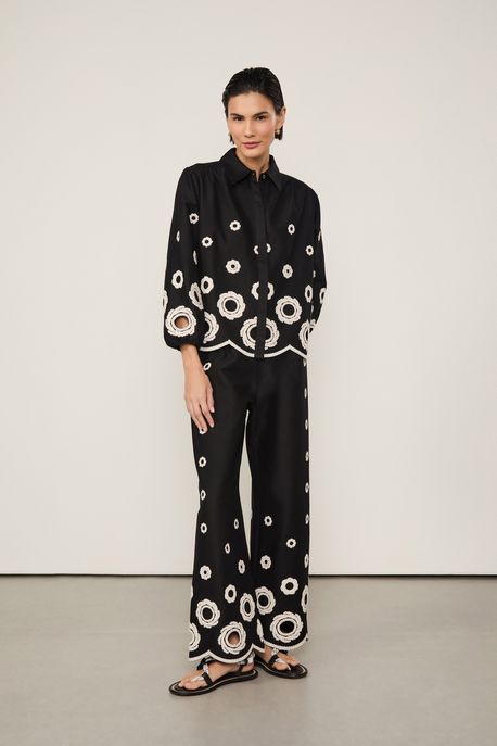 Calça De Algodão Com Bordados Na Barra Preto - 44