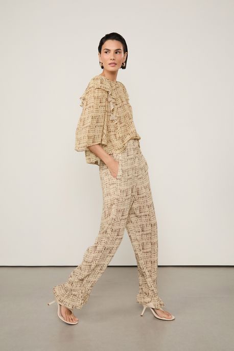 Calça De Georgette Com Babados Estampada Est Textura Trama Cacau e Safari - 38