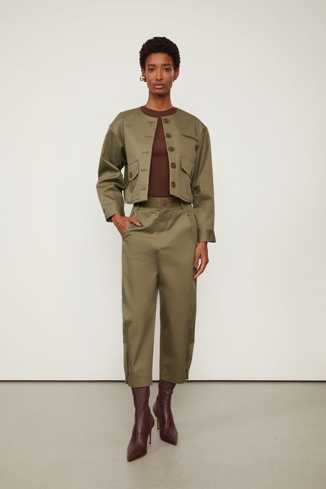 Calca De Algodao Detalhe Botao Verde Liquen - 38