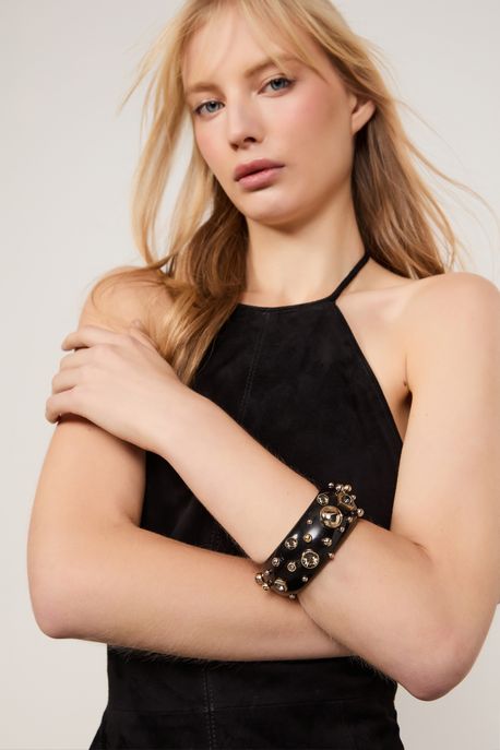 Bracelente Resina Preto Cravejado Ouro - U