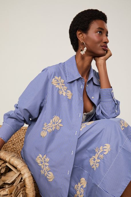 Camisa De Algodão Listrada Azul e Off White Manga Longa Com Bordados Azul - M