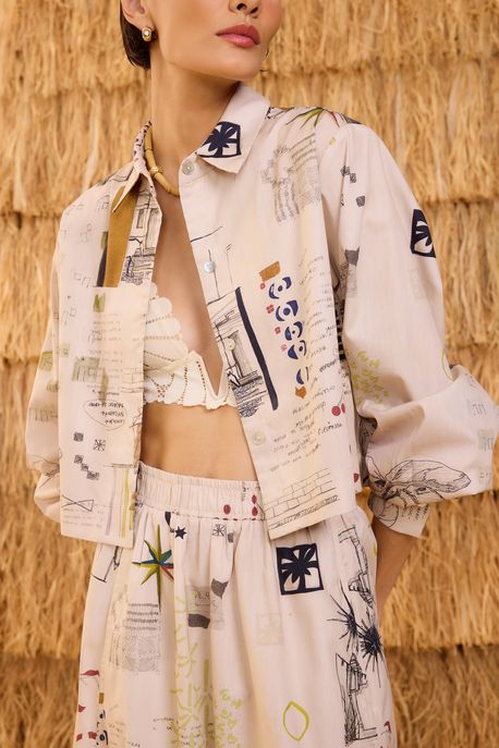 Camisa De Algodão Cropped Manga Longa Estampada Est Fig Sketch Color - 36