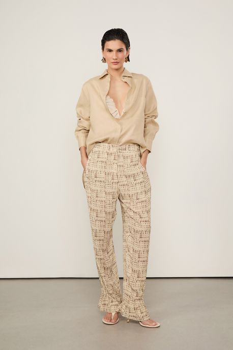 Camisa De Cambraia De Linho Manga Longa Bege Khaki - 40