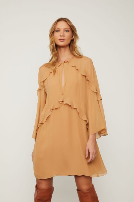 Vestido De Georgette Leve Curto Decote Gota Marrom Babados Marrom Doe - 38