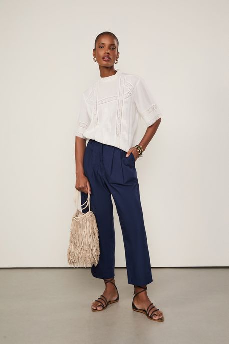 T-Shirt De Voil De Algodão Manga Curta Detalhe Rendas e Nervuras Off White Off White - 40