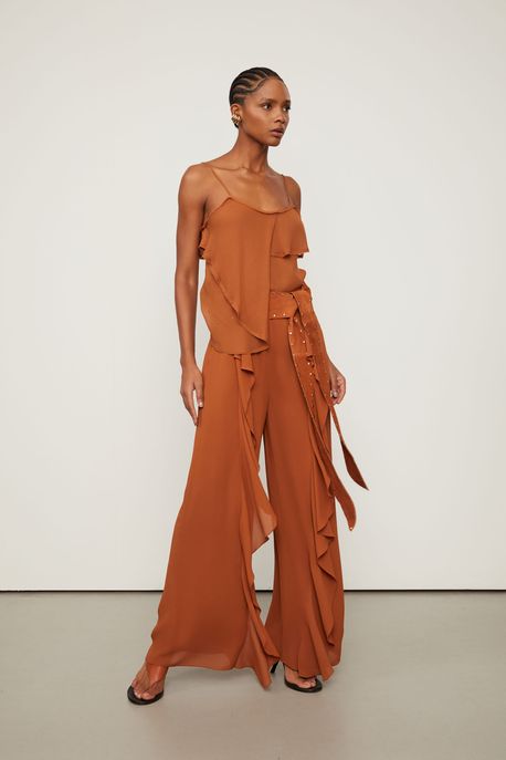 Calça De Georgette Pesado Babados Marrom Biscoito - 40