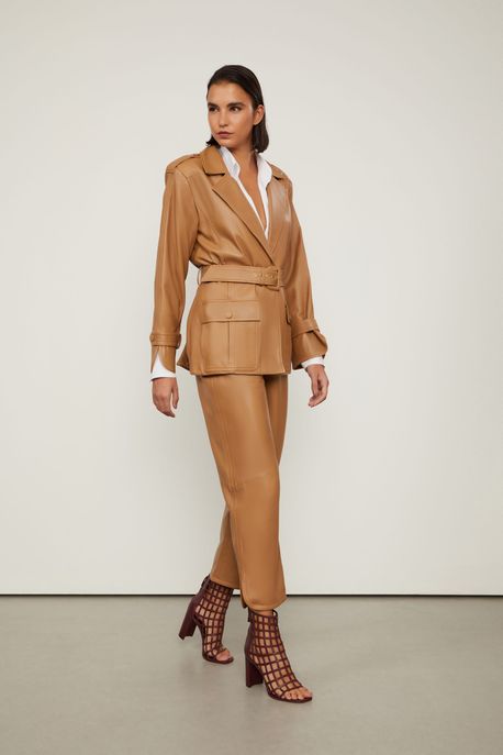 Calca De Couro Faixa Lateral Aplicada Marrom Biscoito - 38