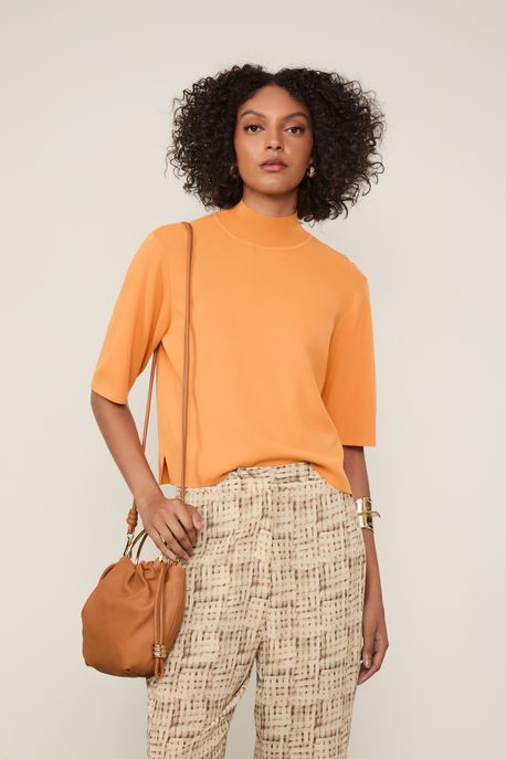 T-Shirt De Tricot Gola Alta Básica Laranja Brick - P