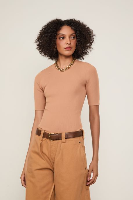 T-Shirt De Tricot Canelado Básica Marrom Tan - G