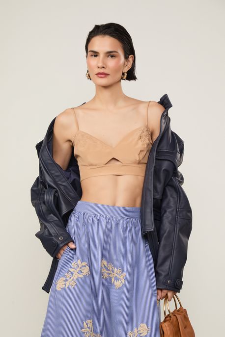 Top De Seda De Alcinha Marrom Tan Bordado Marrom Tan - P