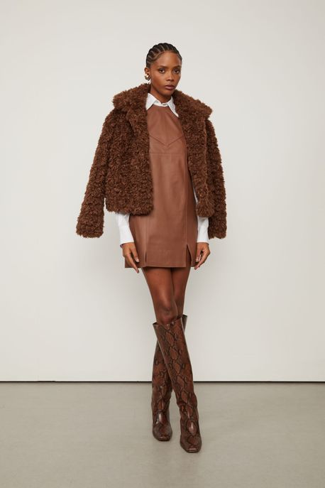 Vestido De Couro Curto Dulpa Fenda Frontal Marrom Chocolate - 42