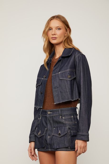 Jaqueta Cropped Com Bolsos Jeans Escuro - G
