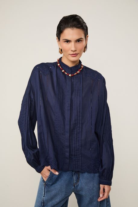 Camisa De Algodão Manga Longa Gola Padre Detalhe Bordado e Nervura Azul Ancora - M