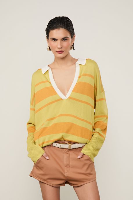 Blusa De Tricot Gola Polo Listra Bicolor Verde Oasis / Laranja Tangerina - P