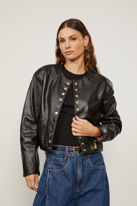 Jaqueta De Couro Ampla Botoes Preto - 38