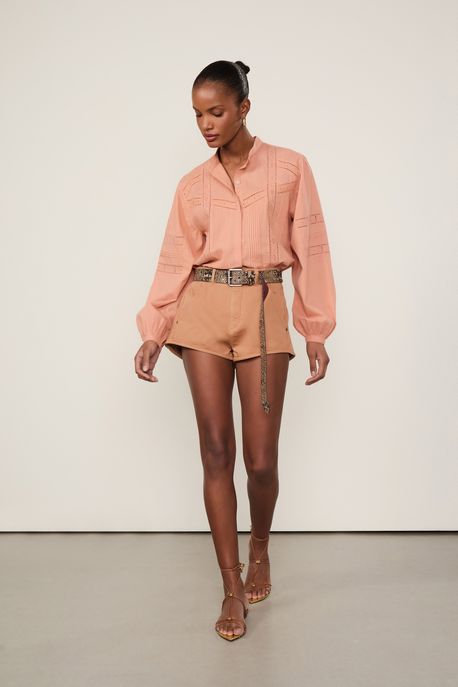 Camisa De Voil De Algodão Manga Longa Gola Padre Detalhe Rendas Nervuras Nude Bronze Light - 44