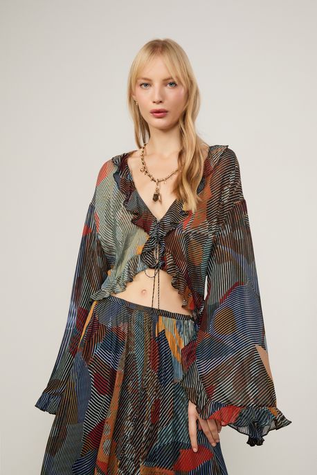 Top De Georgette Leve Manga Ampla Estampado Est Folhagem Isla Color - 40