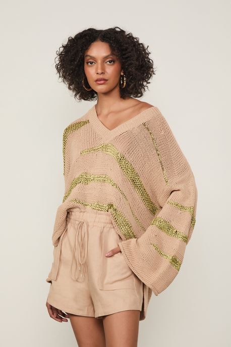 Blusa De Tricot Decote v Mix Pontos Marrom Tan/ Verde Moss - M