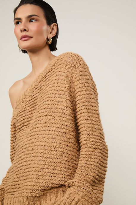 Blusa De Tricot Ombro Assimétrico Ponto Rústico Bege - M